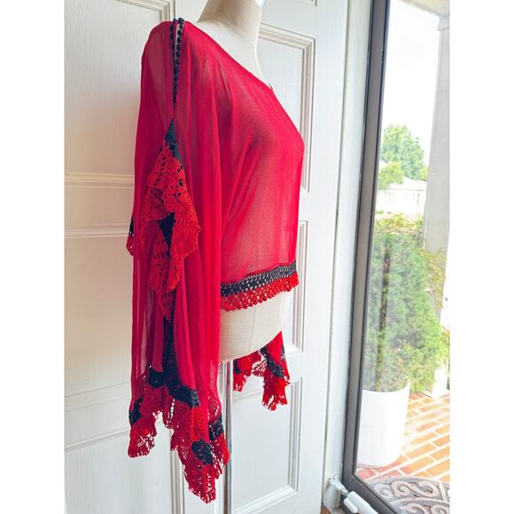 Y2K Handmade Angel Sleeve Ruby Red Black Silk Georgette Crochet Top Size Large - Picture 4 of 7